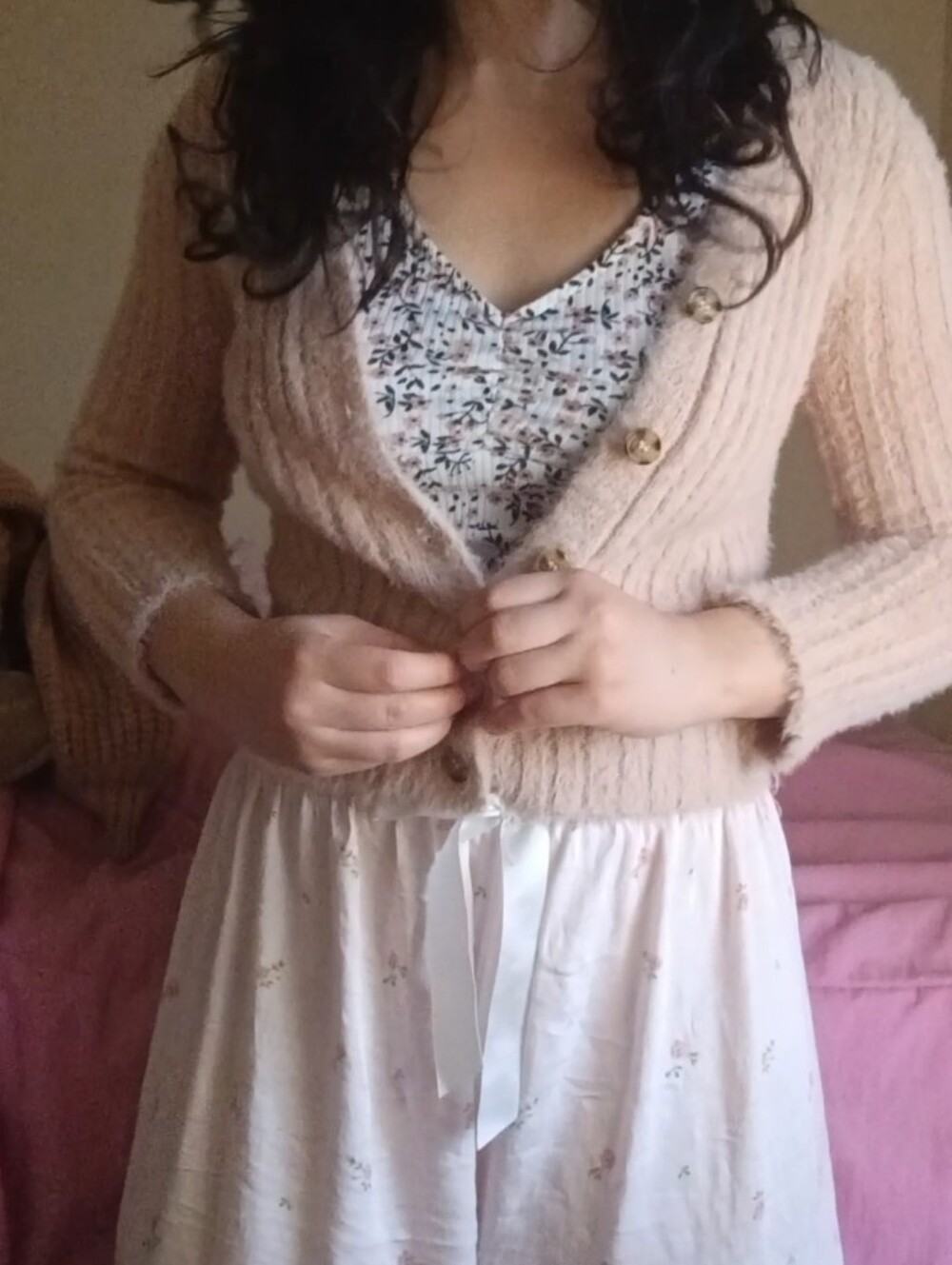 Fuzzy Faded Pink Cardigan with Patterned Buttons